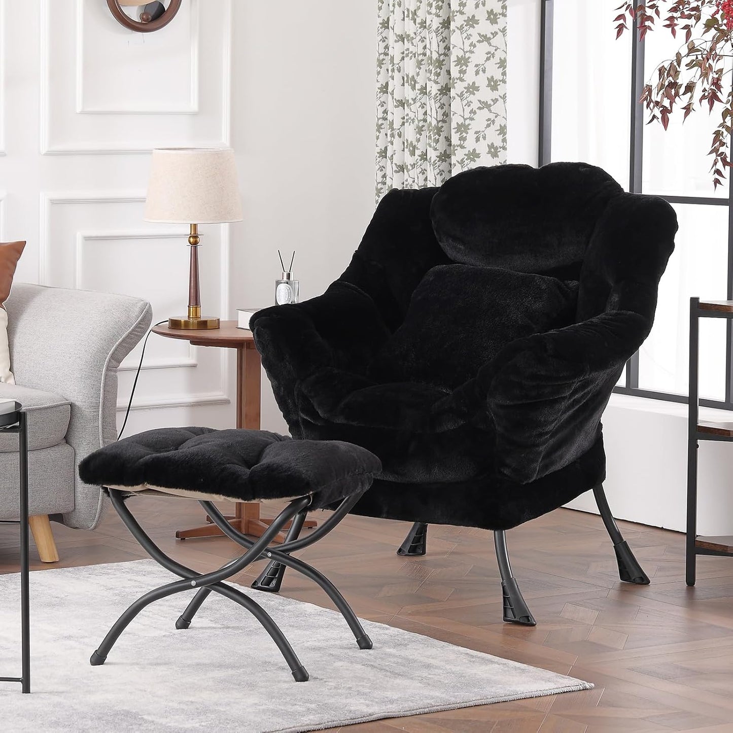Lazy Chair with Ottoman, Reading Chair with a Pillow, Leisure Sofa Armchair with Ottoman, Large Accent Lounge Chair for Bedroom, Living Room, Dorm Room, Plush Black