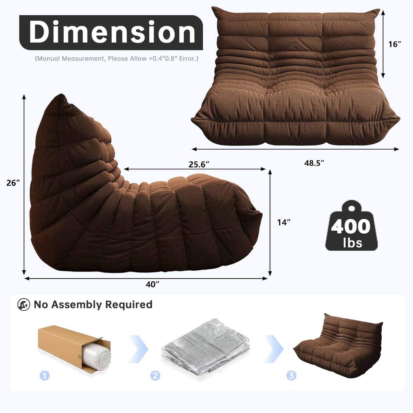 Bean Bag Chairs for Adults, Memory Foam Couch Loveseat Sofa Chair, Soft Teddy Material Cozy Comfy Reading Nook Chairs, Floor Chair for Living Room Bedroom Office(Coffee)