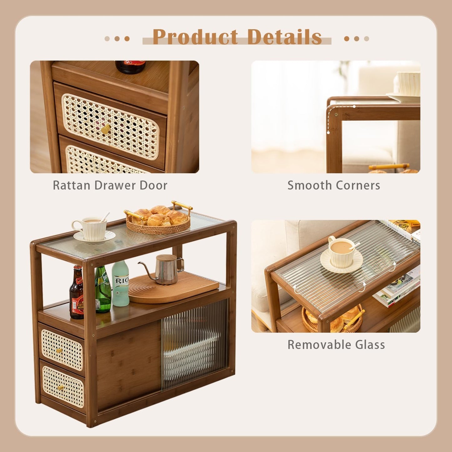 Bamboo Side Table Nightstand with Rattan Drawer & Glass Top – Multi-Function End Table, Nightstands with Storage for Bedroom, Living Room, and Small Spaces, Walnut