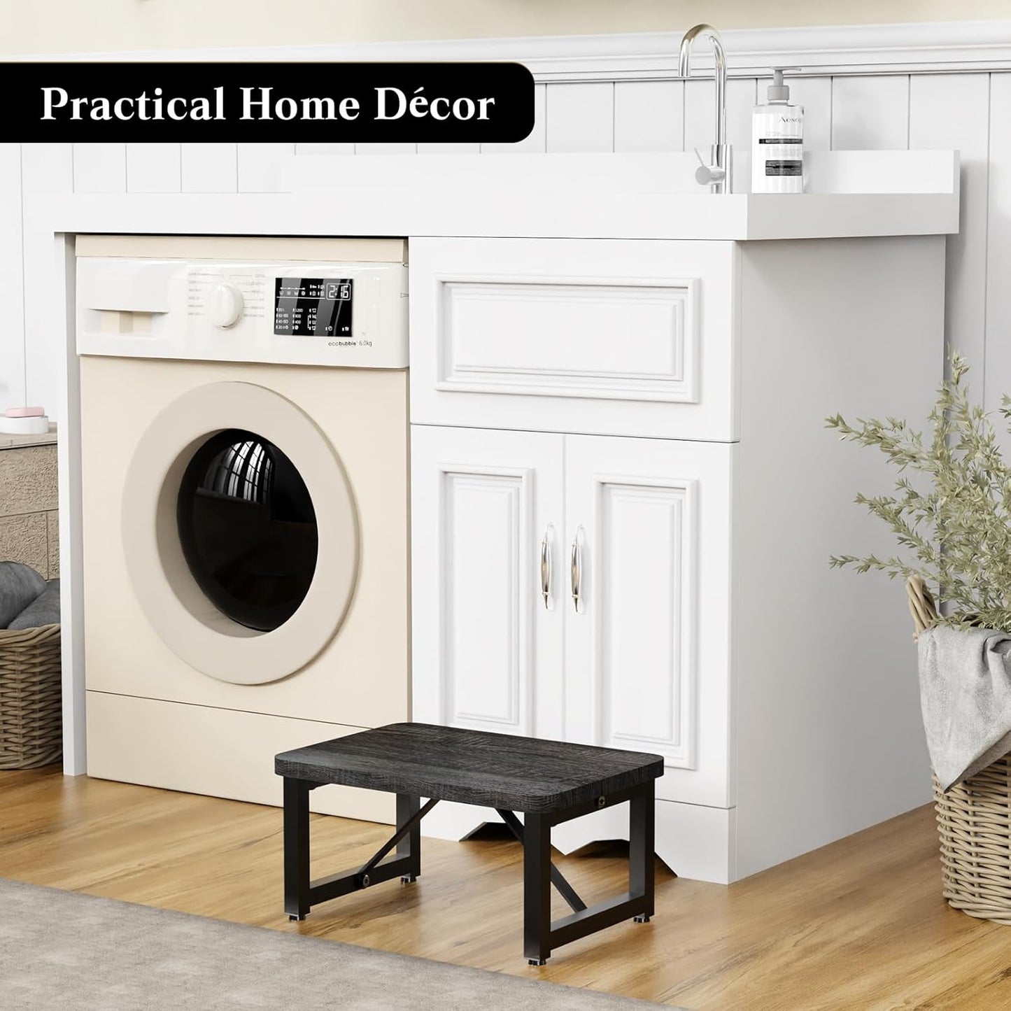 One Step Stool, Wooden Foot Stool for Adults, Small Stepping Stool for Bed and Closet, Heavy Duty Step for Kitchen, Dorm, and Indoor Use, Dark Gray