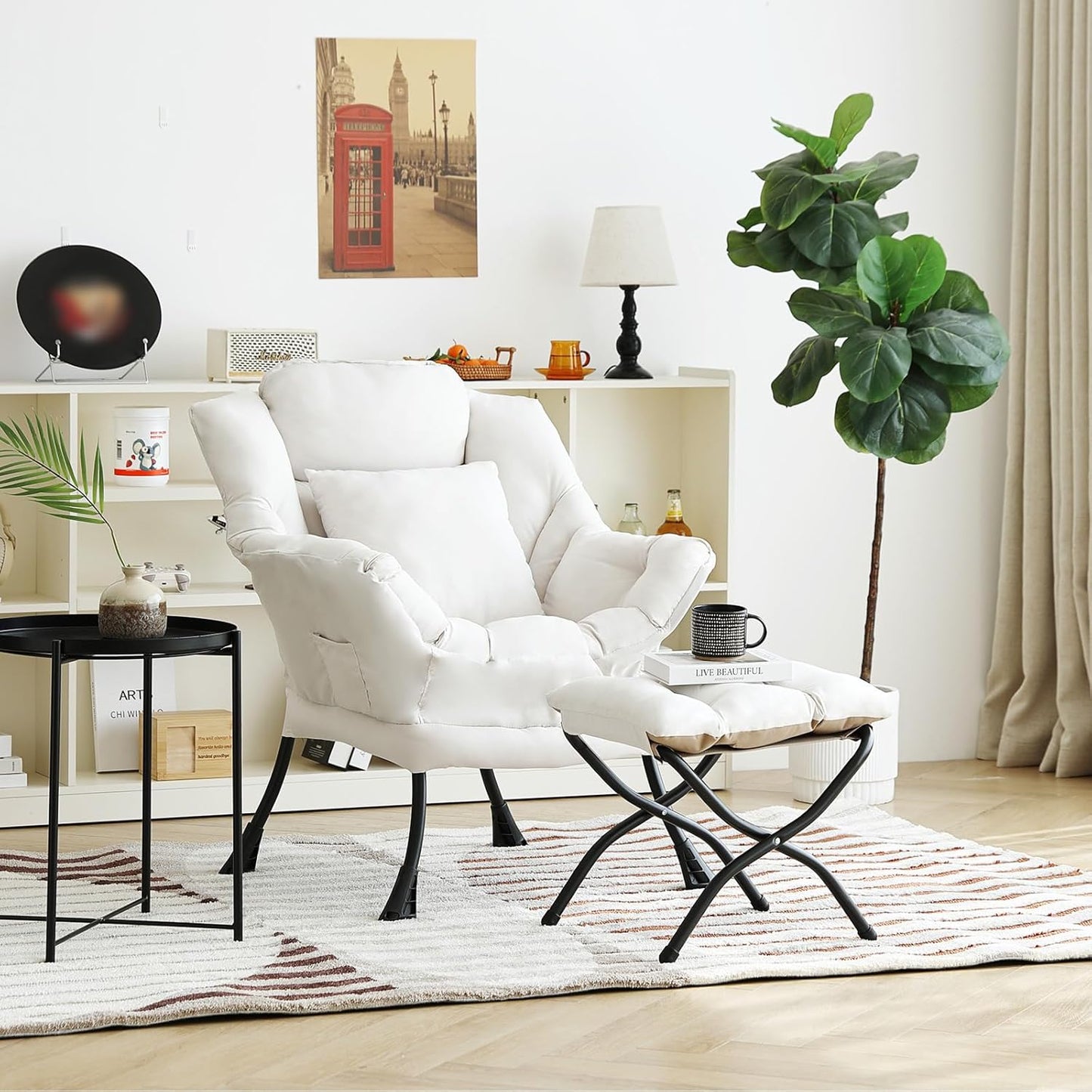 Lazy Chair with Ottoman, Comfy Reading Lounge Chair with Footstool & Throw Pillow Modern with Armrests & Side Pocket for Living Room, Bedroom, Dorm Room, Beige