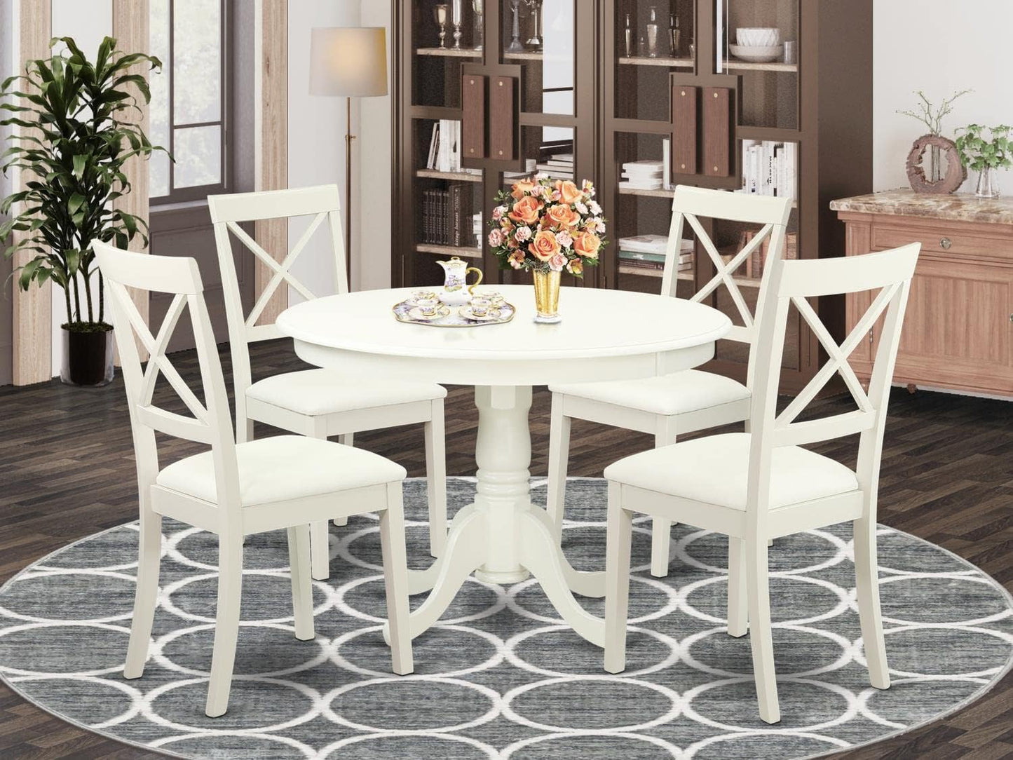 East West Furniture HLBO5-LWH-LC 5 Piece Dining Set Includes a Round Dining Room Table with Pedestal and 4 Faux Leather Upholstered Chairs, 42x42 Inch, Linen White