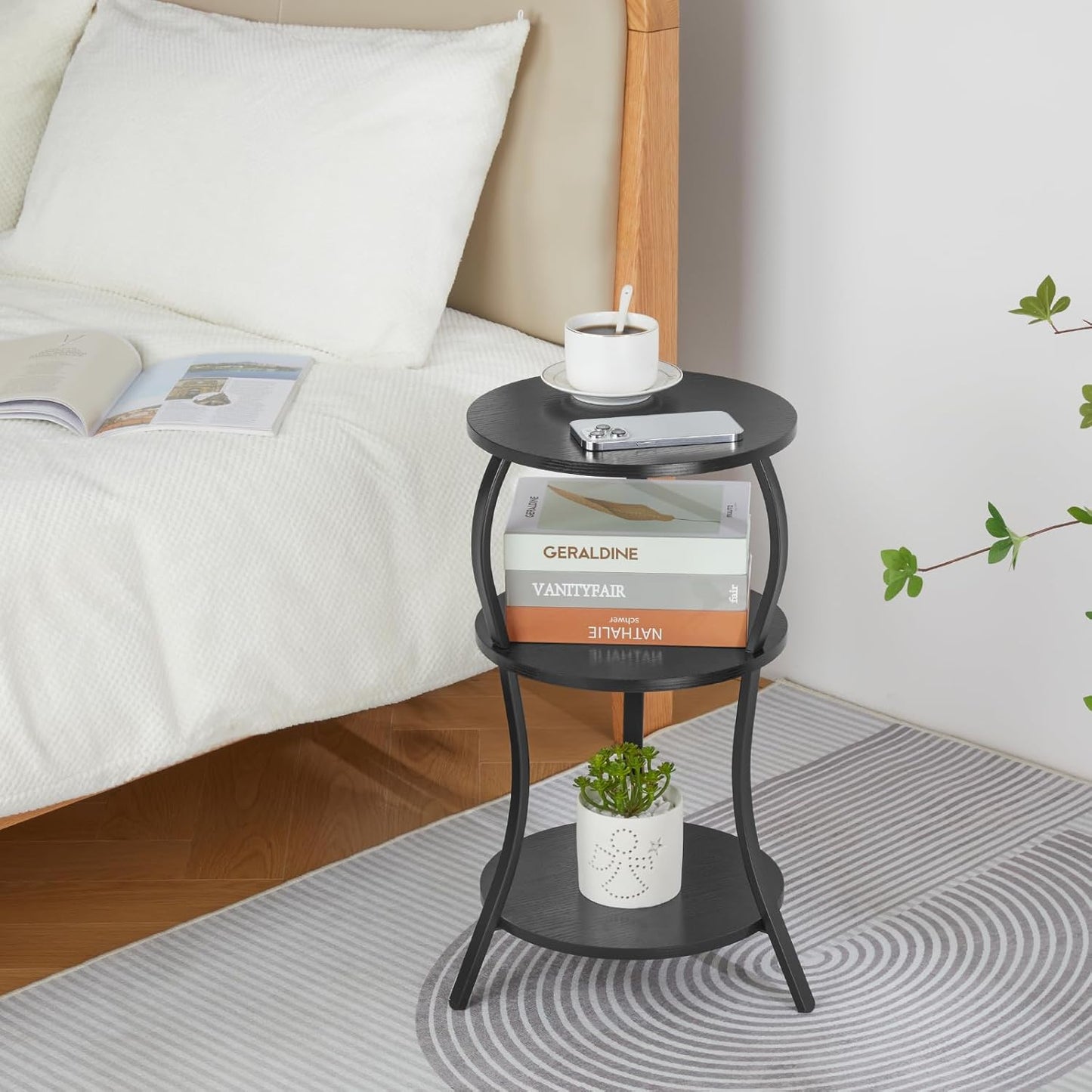 Vintage Small Round Side Table, 3-Tier Slim Waist Circular End Table with Storage Shelf, Compact Tea Sofa Side Table, Round Corner Coffee Table Nightstand for Living Room Bedroom Small Spaces,Black