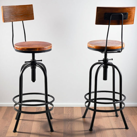 LOKKHAN Industrial Bar Stool-26-32 Inch Adjustable Swivel Round Wood Metal Kitchen Stool Rustic Farmhouse Counter Height Extra Tall Bar Height Stool-Arc-Shaped Backrest,Welded,Set of 2