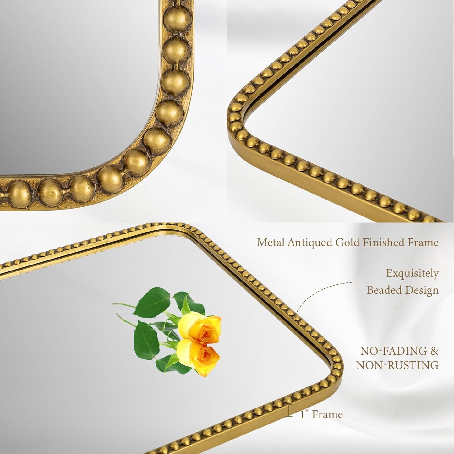 Wall Mirror for Bathroom - 20"x30" Rectangle Rounded Corner Beaded Frame Mirror, Large Vanity Mirror Hangs Horizontal or Vertical, Antique Gold