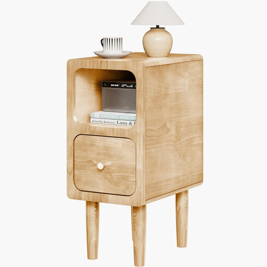 Narrow Nightstand, Solid Wood Night Stand with Drawers, Natural Mid Century Modern Nightstand, Small Beside Table with Open Storage Shelf for Bedroom (10 inch)