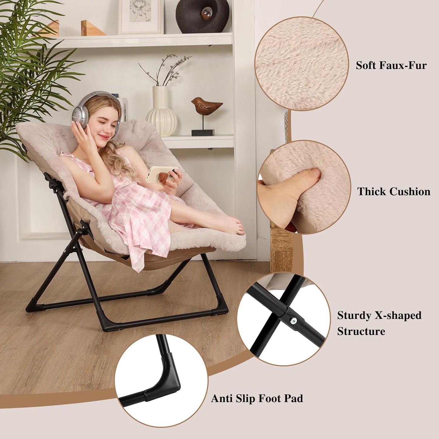 Comfy Saucer Chair for Adults, Soft Faux Fur Bedroom Chair, Accent Dorm Chairs, Flexible Living Room Reading Chairs, Oversized Folding Lounge Seat for Teens, X-Large, Light Khaki