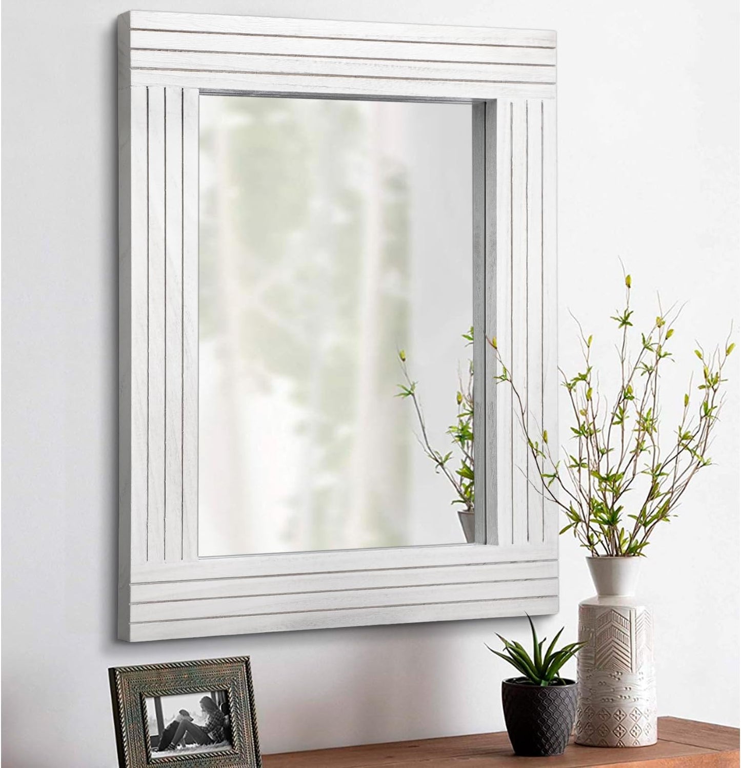 Large Rustic Wall Mirror, Rectangular Vintage Wood Framed Large Mirror Deco Farmhouse Living Room Bathroom Bedroom Entrance Mirror White 26" x 18"