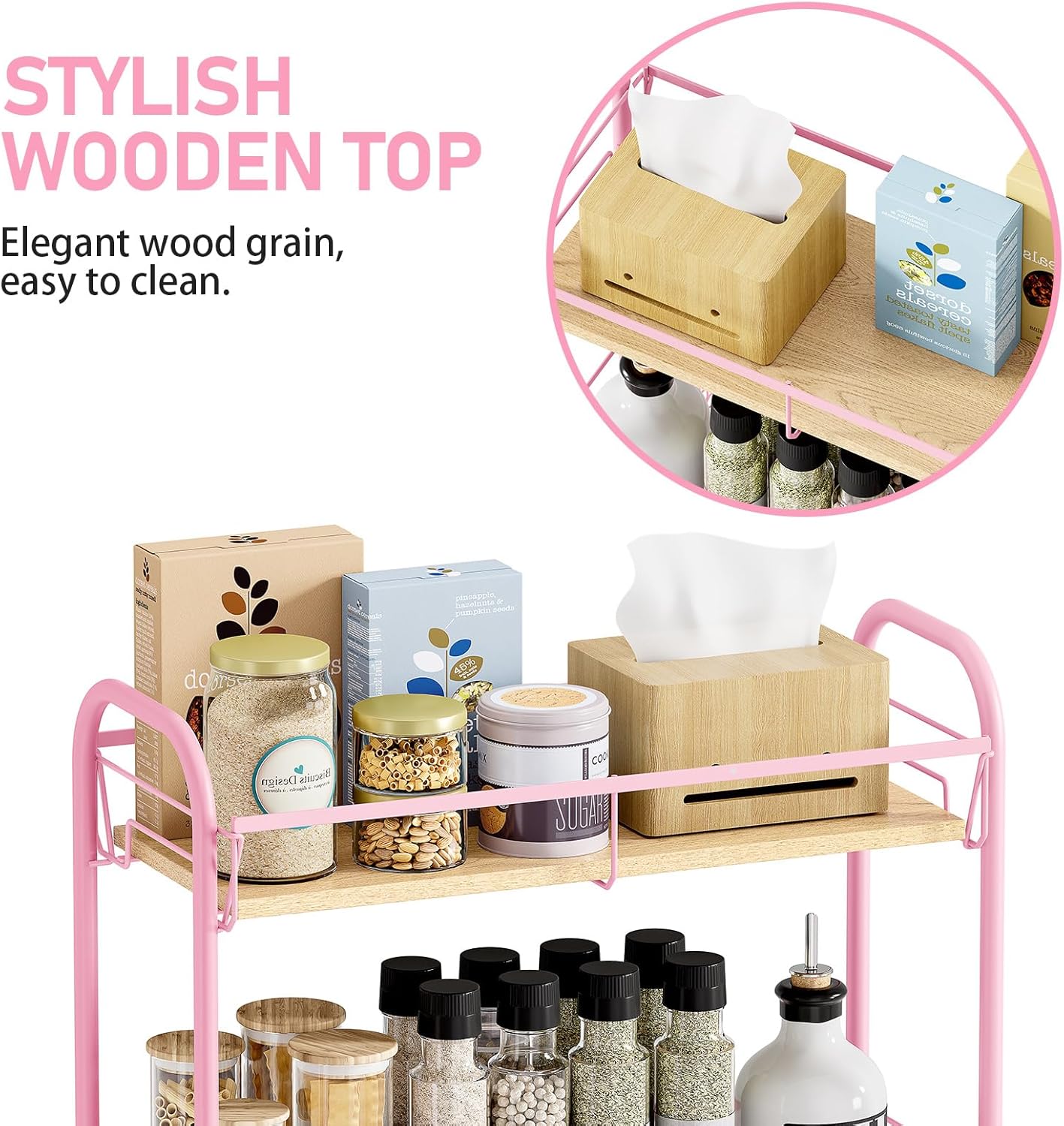 KINGRACK Metal Slim Rolling Cart,4-Tier Metal Utility Cart,Storage Cart with Wooden Tabletop, for Narrow Space on Laundry Bathroom Kitchen Room Bedroom Apartments Dormitory (Pure Pink, Slim)