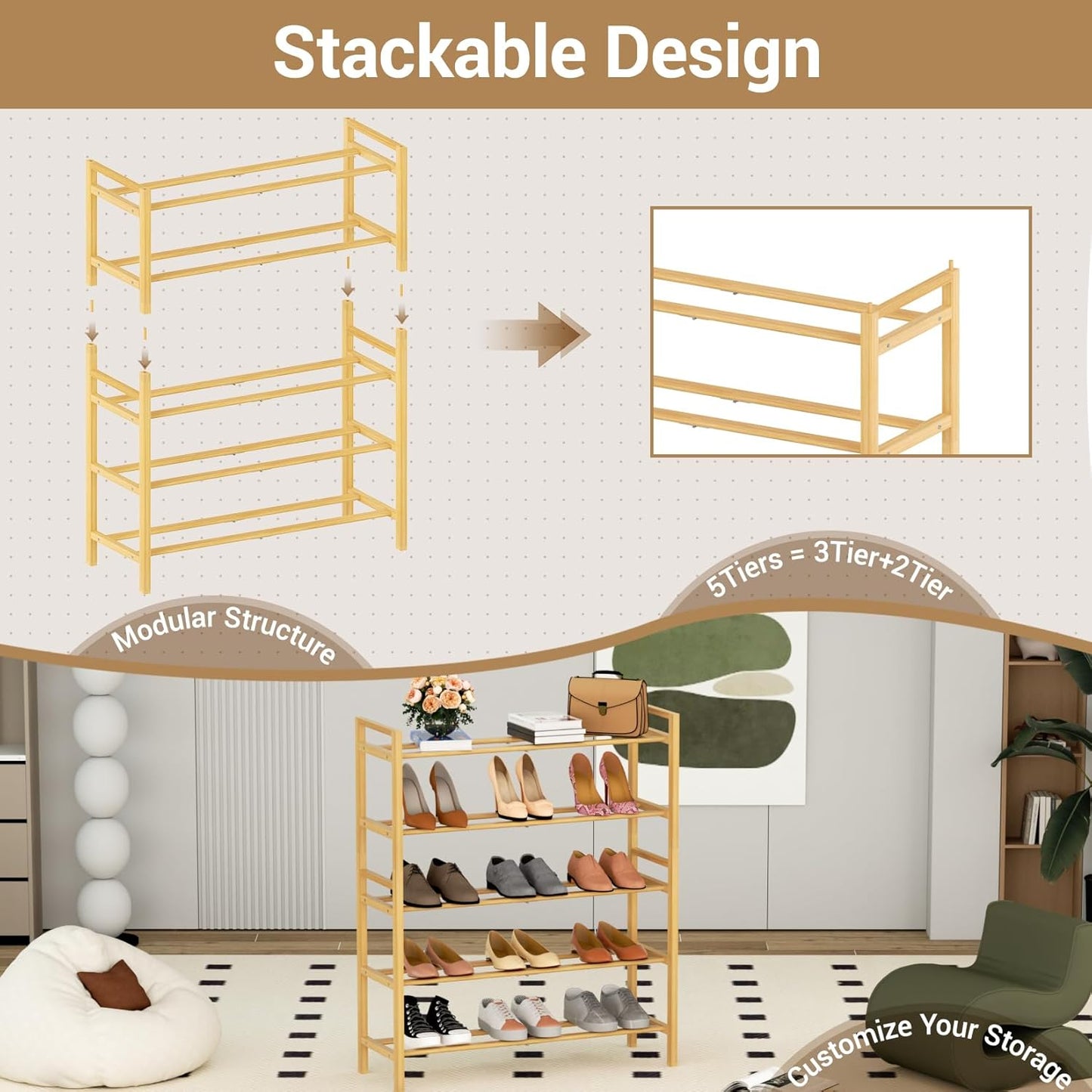 Haddockway Bamboo Shoe Rack for Closet, Free Standing Shoe Organizer with Smooth Round Rods & Convenient Handles, Stackable Shoe Storage Shelf for Entryway, Hallway(Natural, 5-Tier)