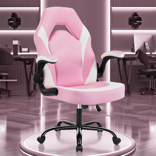 OLIXIS Computer Gaming Desk Chair - Big and Tall Ergonomic Lumbar Support with Flip-up Armrest and 360° Swivel Wheels, PU Leather Height Adjustable, for Home and Office, Pink