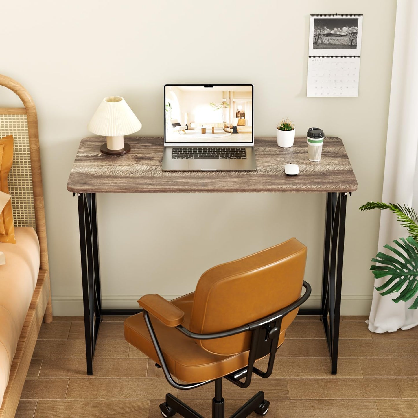 Small Desk, 31.5" Folding Table for Bedroom, Space Saving Folding Computer Desk for Home Office, Easy Assembly, Light Brown