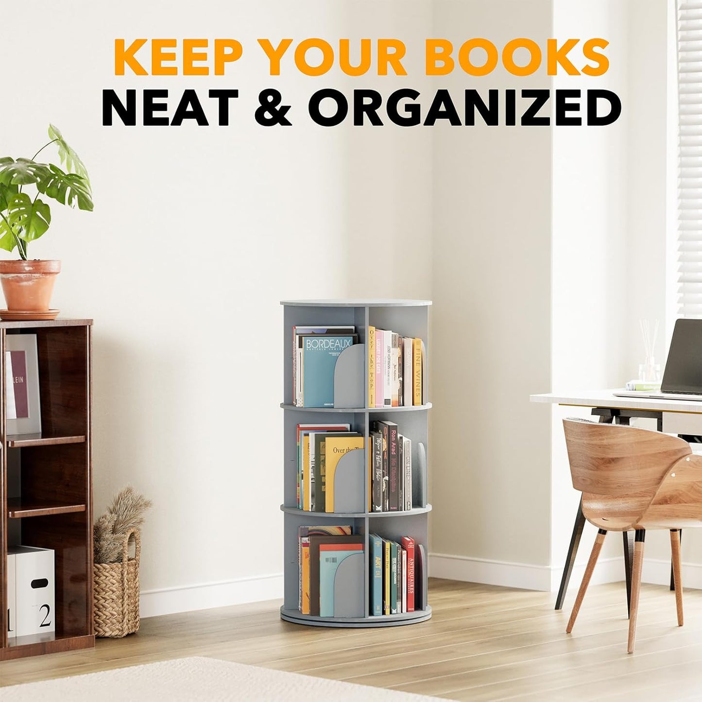 SpaceAid 3 Tier Rotating Bookshelf Tower, Spinning Bookcase Lazy Susan, Revolving 360 Book Shelf Storage Round Carousel, Vertical Rotate Turning Spiral Corner Organizer, Gray