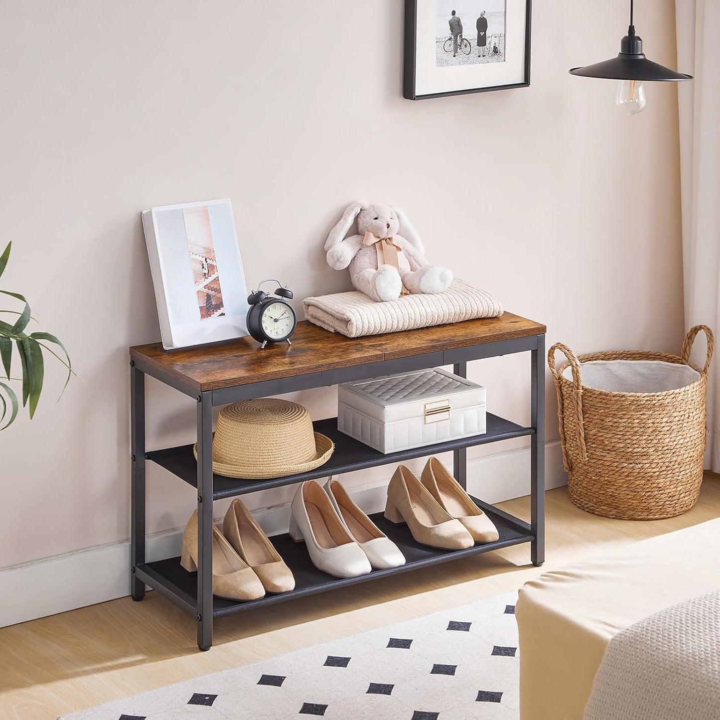 HOOBRO Shoe Bench, 3-Tier Shoe Rack with Oxford Fabric Shelves, 29.5" L Shoe Storage Organizer, Holds 6-8 Pairs of Shoes for Entryway and Hallway, Lightweight, Rustic Brown and Black BF77HX01