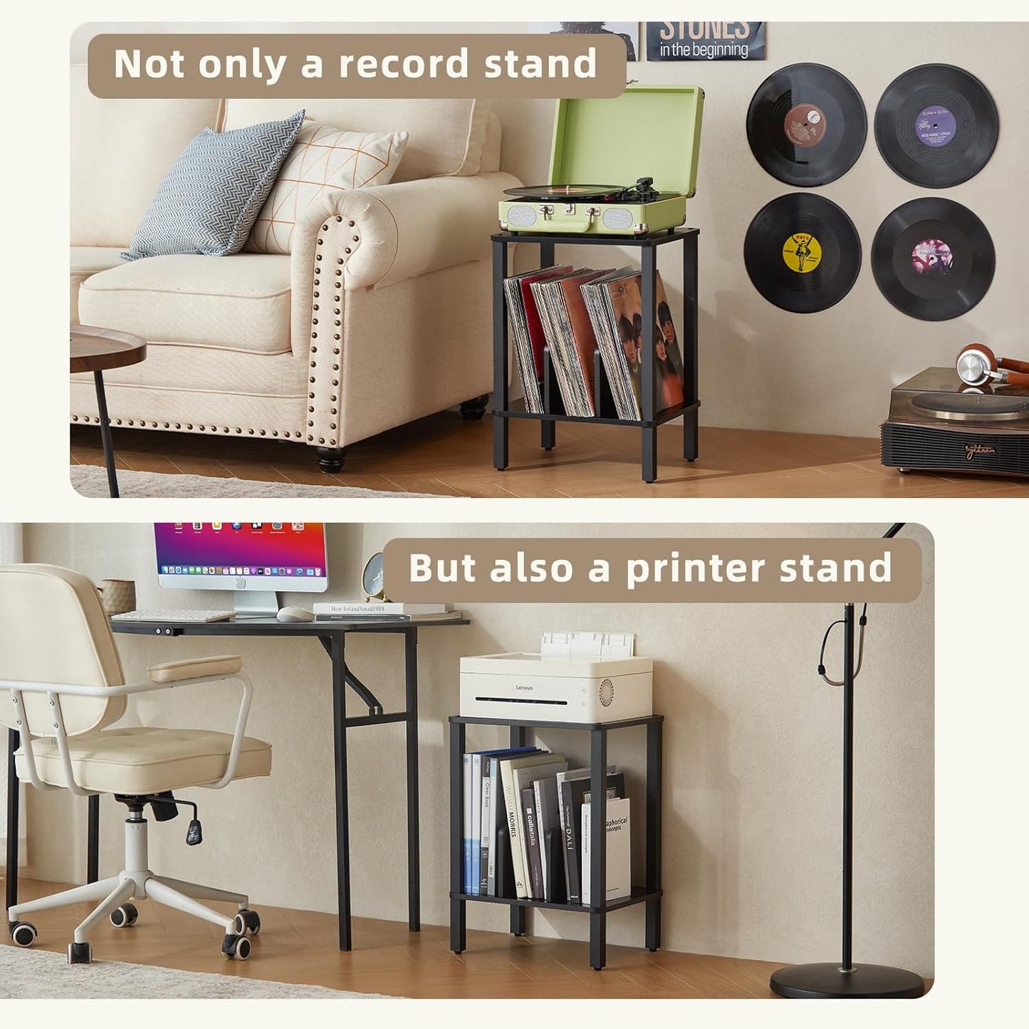LELELINKY 2-Tier Record Player Stand with Vinyl Record Storage up to 100 Albums, Bedroom Record Holder and Multi-Functional End Table for Living Room, Black