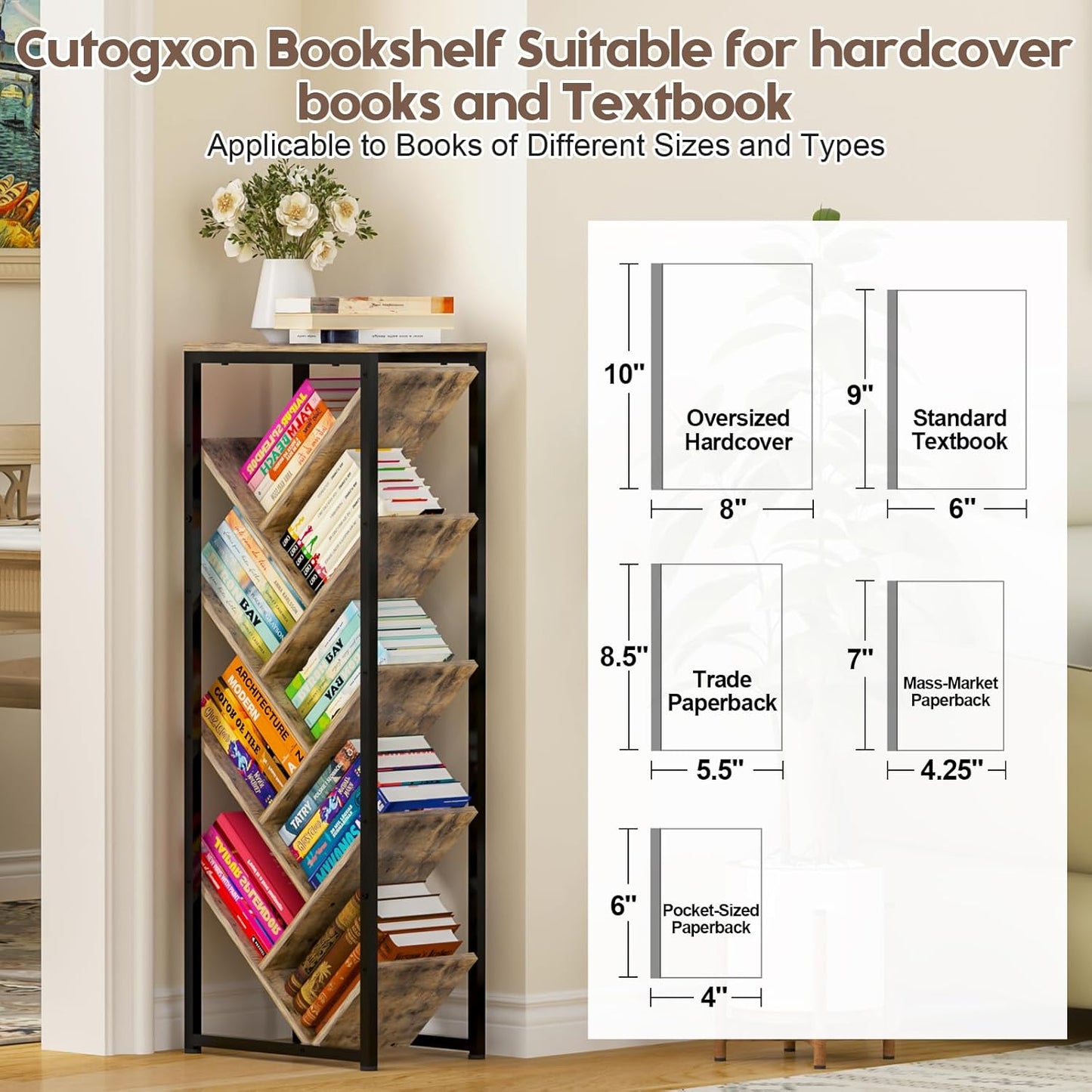 Tree Bookshelf - 9 Tier Floor Standing Tree Bookshelf for Hardcover Books, Small Bookshelf for Small Spaces Bookshelves Wooden Book Storage Organizer Shelves for Bedroom Living Room