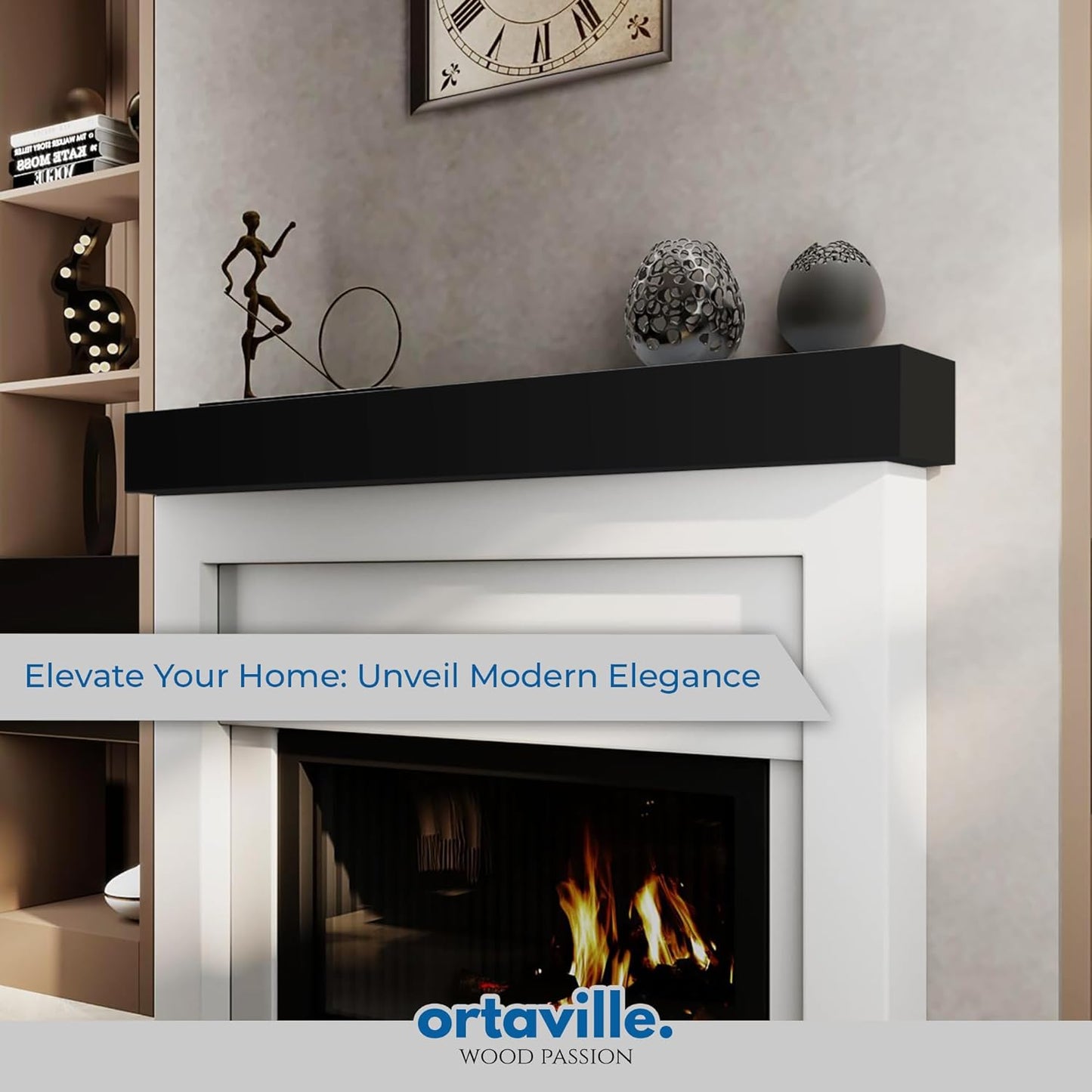 60" Floating Mantel Shelf - Modern White Fireplace Mantel with Matte Lacquer Finish for Living Room Elegance (60", Black)