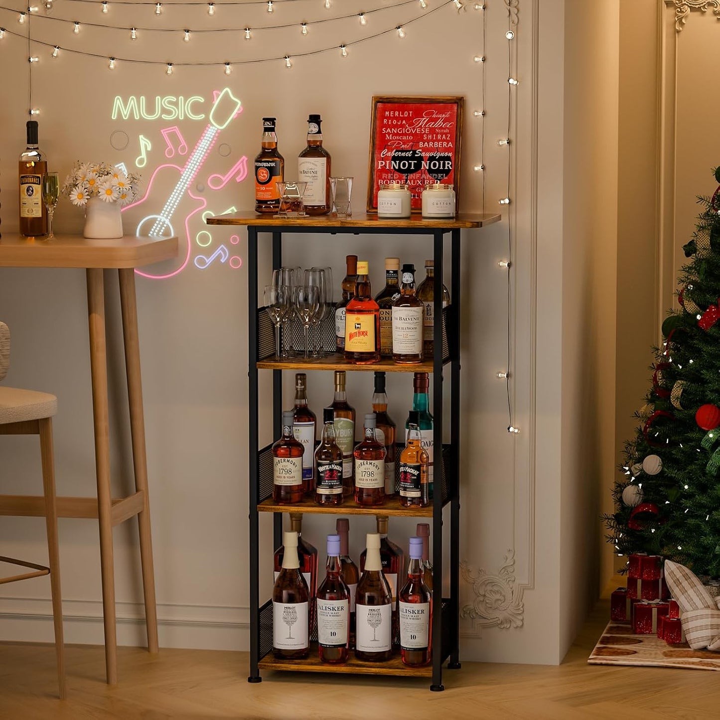 Wine Rack Freestanding Floor:4 Tier Whiskey Wine Rack Mini Bar Cart,Liquor Cabinet-Home Bar for Bottles,Cocktail Shaker,Mugs-(23.6 * 11.8 * 40inch)