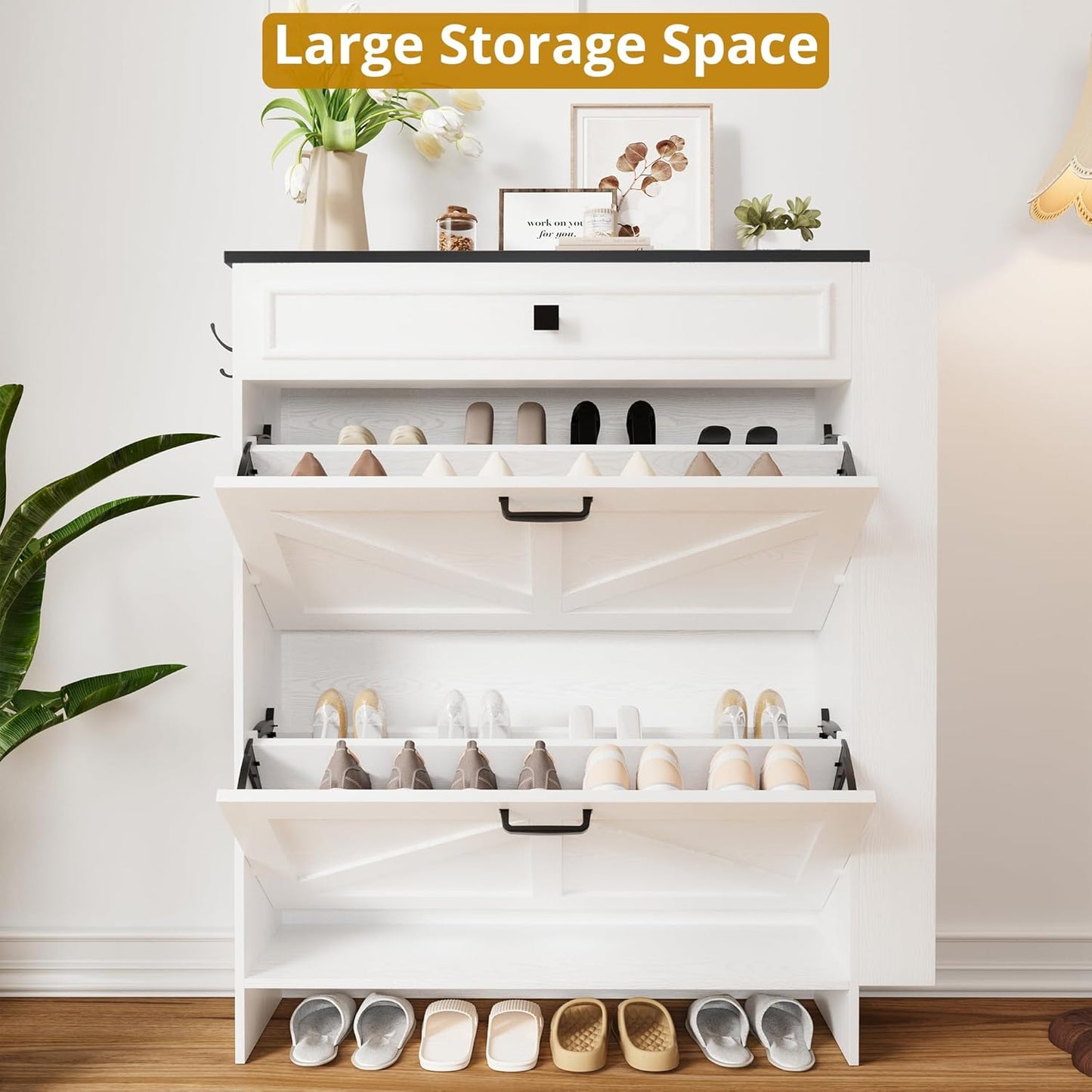 IRONCK Shoe Storage Cabinet with 2 Flip Drawers & Barn Door Design, Freestanding Shoe Cabinet Organizer with Drawer and Shelves for Entryway, Farmhouse Shoe Rack Cabinet, White/Black