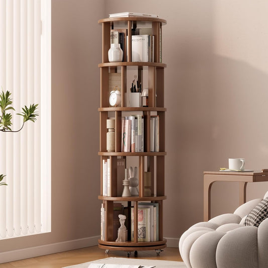 Solid Wood Rotating Bookshelf on Wheels, 5 Tier, Round Revolving Bookcase, 360° Spinning Book Shelf Tower for Kids, Narrow Rolling Bookshelves for Small Space, Corner, Bedroom, Office, Walnut