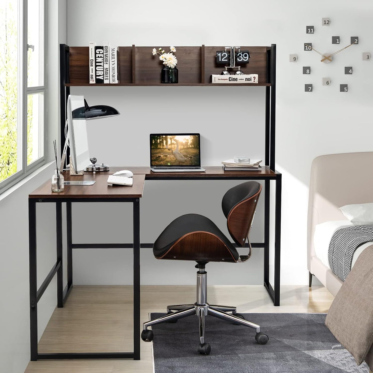 Tangkula Reversible L-Shaped Desk with Hutch, Space Saving Corner Computer Desk with Storage Shelves, Home Office Study Writing Desk Computer Workstation with Storage Bookshelf, Gaming Desk