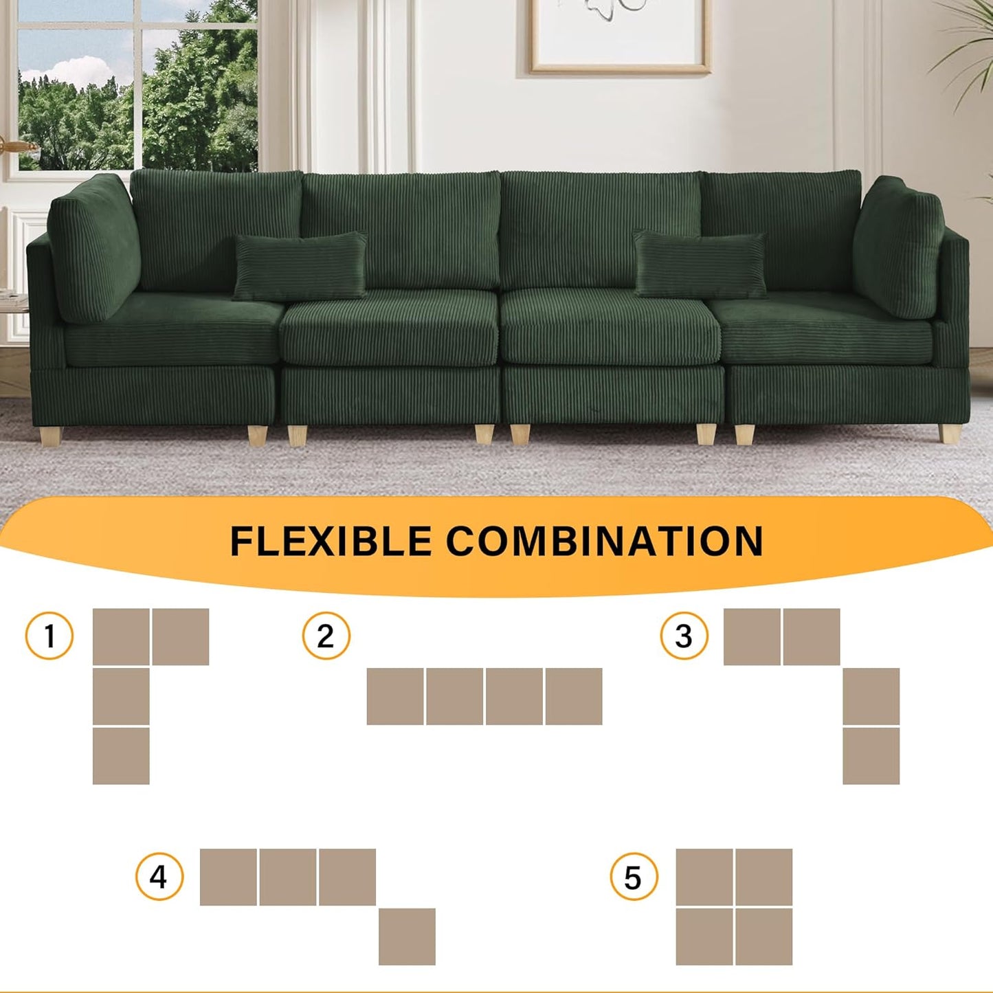 126" Convertible L-Shaped Modular Sectional Sofa, 4 Seater Corduroy Upholstered Corner Sofa Couch with Extra Wide Deep Seat, DIY Combination Lounger Sofa with Solid Wood Legs for Living Room Office