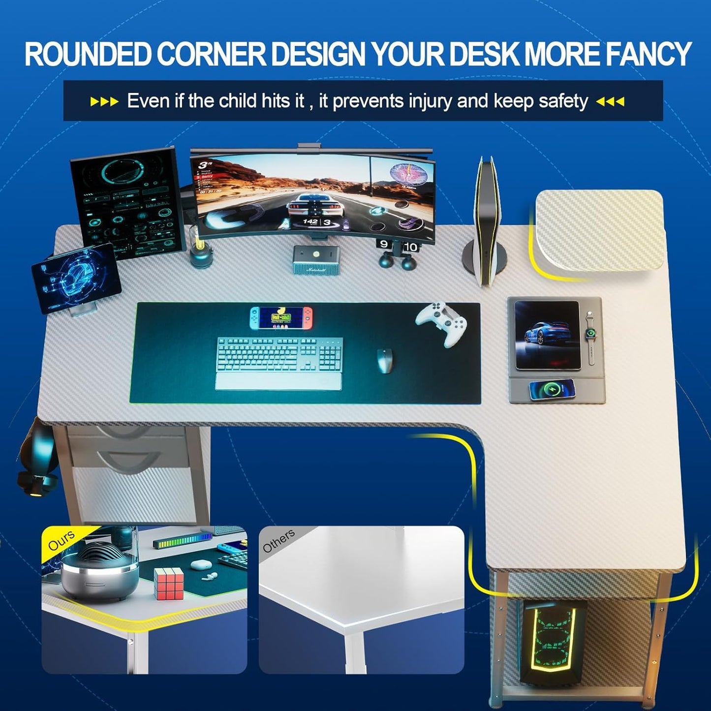 GTRACING Gaming Desk with Drawers, Carbon Fiber Style L Shaped Computer Desk Compatible with Monitor Arm Corner Desk Gaming Table for Home Office Desks, Easy to Assemble Adjustable Shelf Height