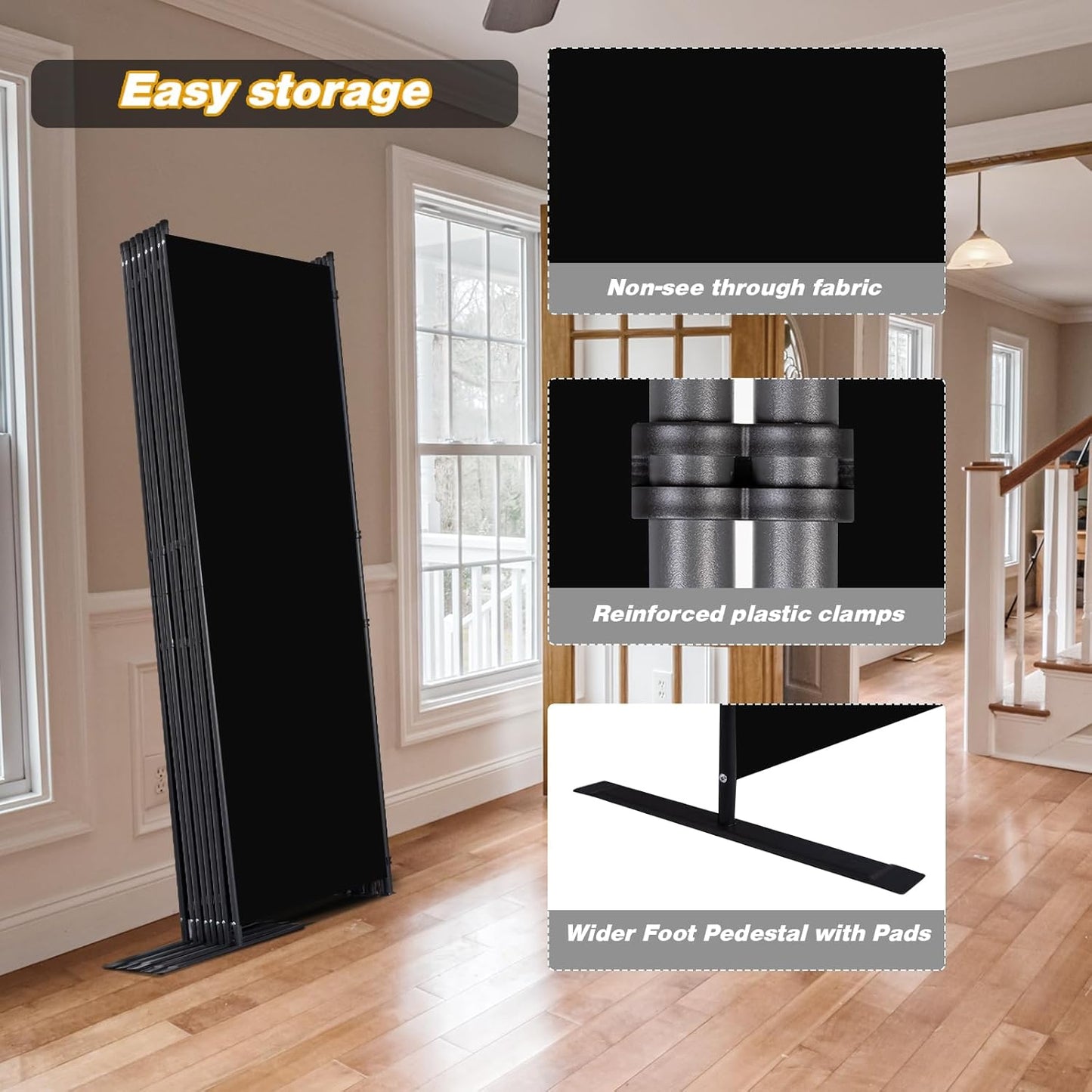 Room Divider, 8 Panel Folding Privacy Screens with Wider Support Feet, 6 Ft Portable Room Partition for Room Separator, 176" W X 71" H, Black