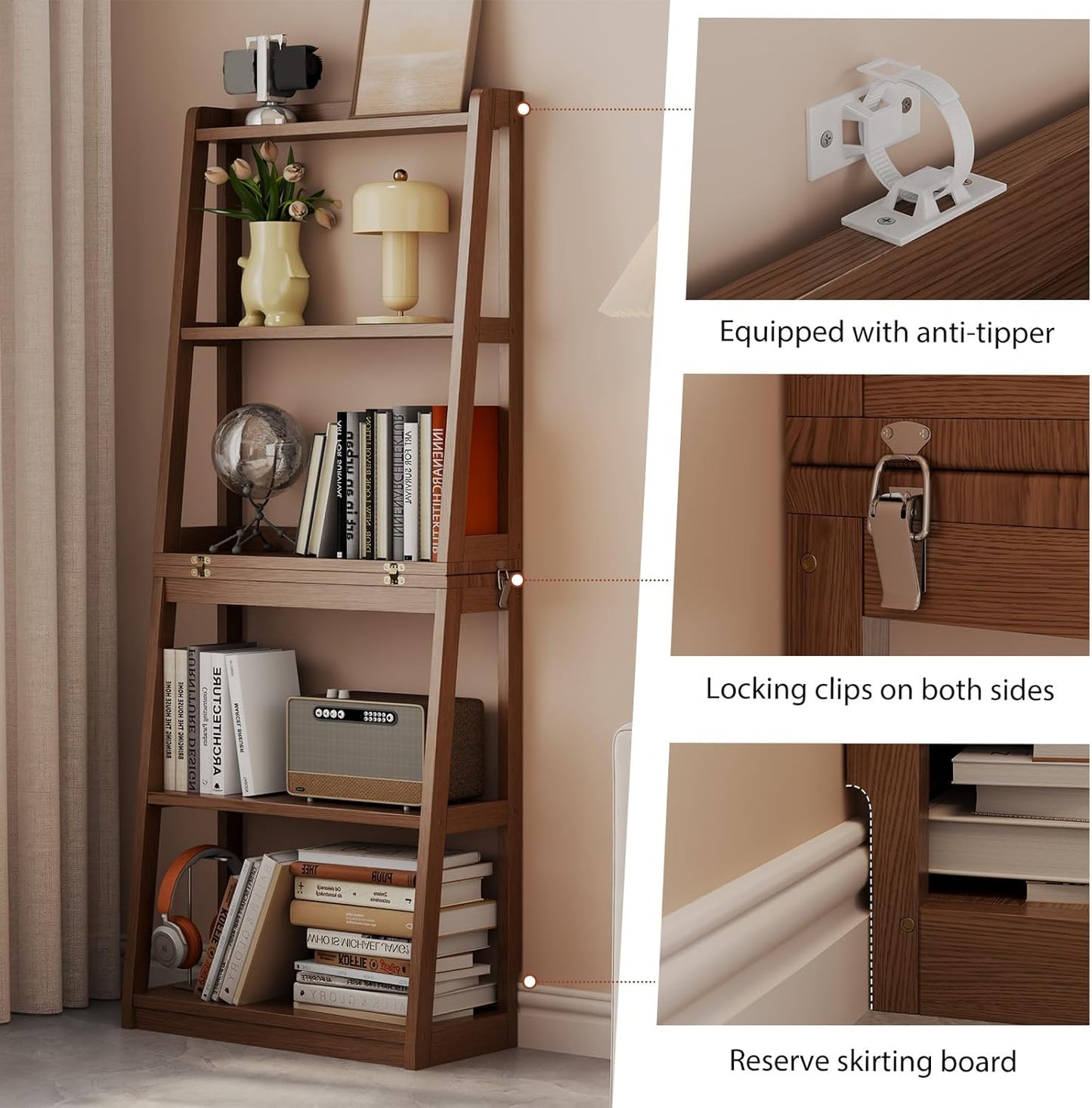 Soild Wood Ladder Book Case Organizer, 4-Tier, Modern Display Bookshelf Wood Frame,Children's Room Free Standing Organizer Storage Cabinet,for Bedroom and Office, Balcony, Walnut