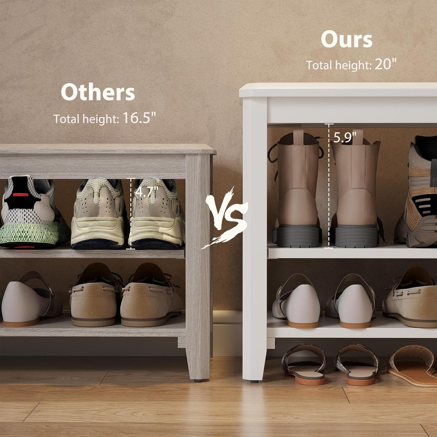 Wood Shoe Rack Bench for Entryway, 2 Tier Shoe Rack for Front Door Entrance, Shoe Bench with Shoe Storage for Entryway, Bedroom, 39.4"