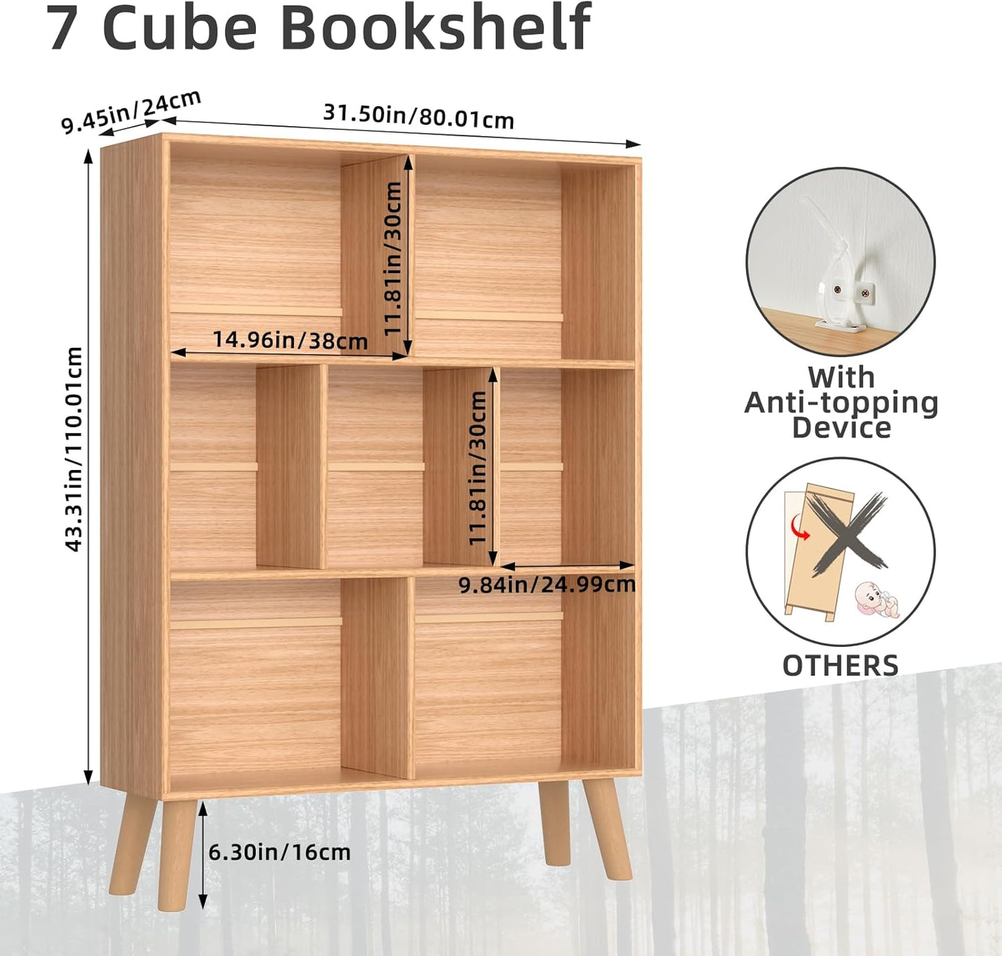 LEYAOYAO 7 Cube Bookshelf, 3 Tier Modern Bookcase with Legs, Mid-Century Modern Wood Book Shelves Storage, Boho Natural Book Case, Freestanding Organizer Display Shelf for Bedroom,Living Room,Office