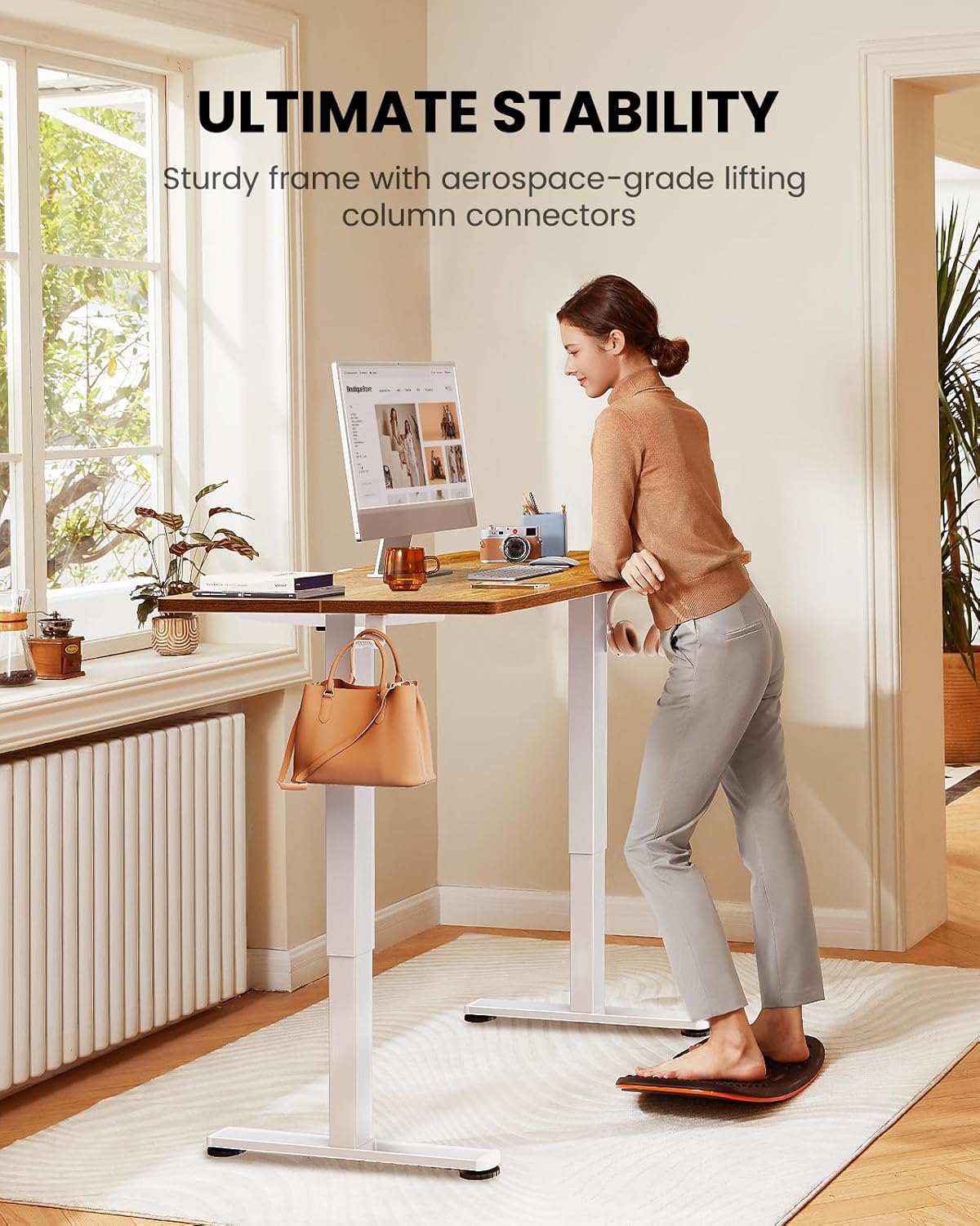 ErGear Height Adjustable Electric Standing Desk, 40 x 24 Inches Sit Stand up Desk, Small Memory Computer Home Office Desk with Two-Piece Desktop (Light Vintage Brown)