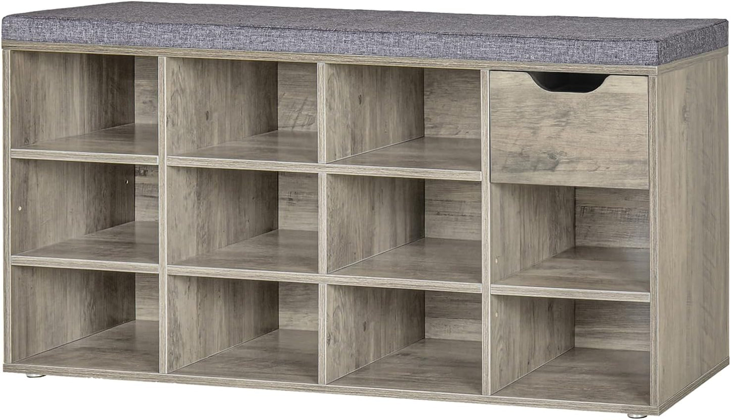DINZI LVJ Shoe Bench, Entryway Storage Bench with Drawer and 11 Cubbies, Cubby Shoe Rack with Adjustable Shelves, Organizer Cabinet for Living Room, Mudroom, Closet and Garage, Gray Wash