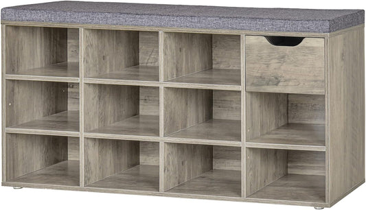 DINZI LVJ Shoe Bench, Entryway Storage Bench with Drawer and 11 Cubbies, Cubby Shoe Rack with Adjustable Shelves, Organizer Cabinet for Living Room, Mudroom, Closet and Garage, Gray Wash
