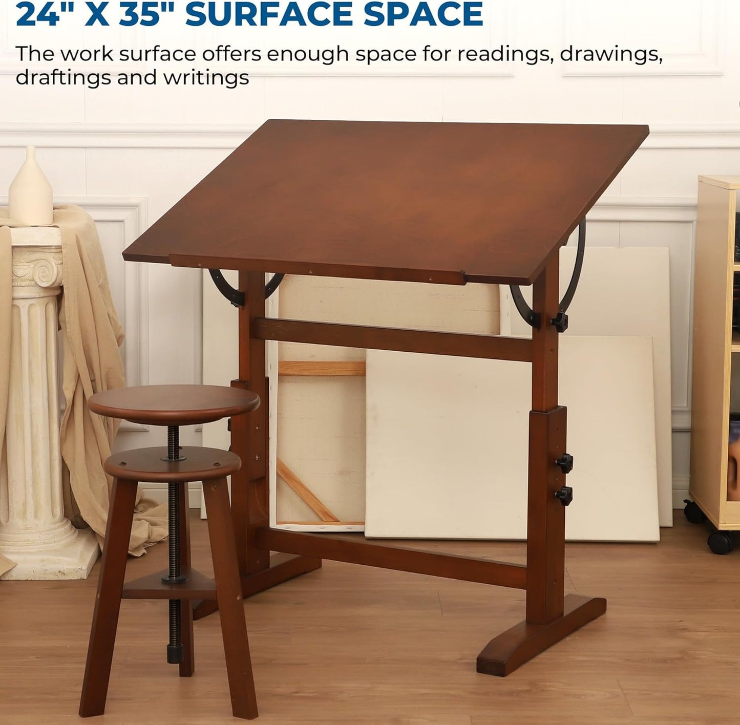 VISWIN Wood Drafting Table for Adults, 24'' x 35" Drawing Table with Adjustable Height & Angle for Art Studio, Solid Pine Wood Artist Desk for Drawing, Drafting, Writing, Reading, Sketching