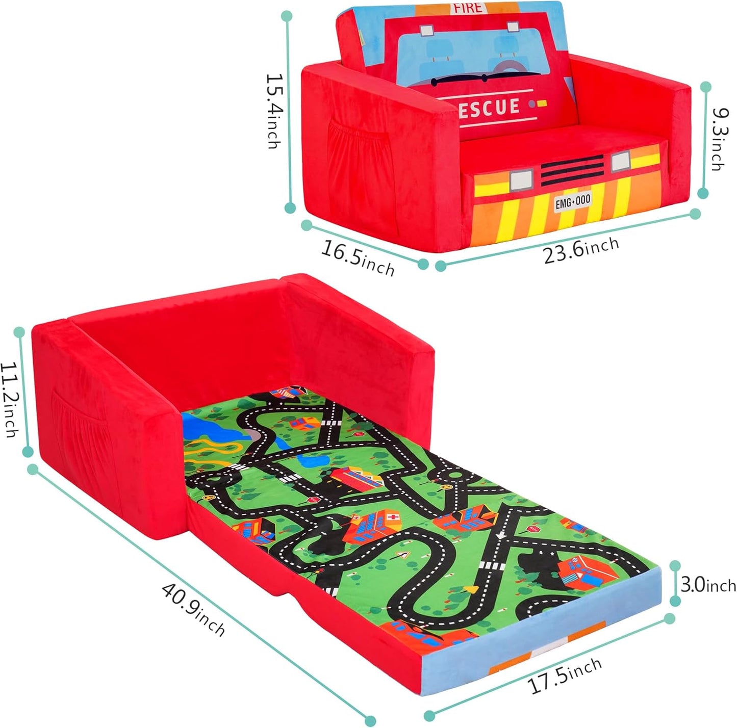 MallBest Kids Sofas Children's Sofa Bed Baby's Upholstered Couch Sleepover Chair Flipout Open Recliner(Red/Fire Truck)