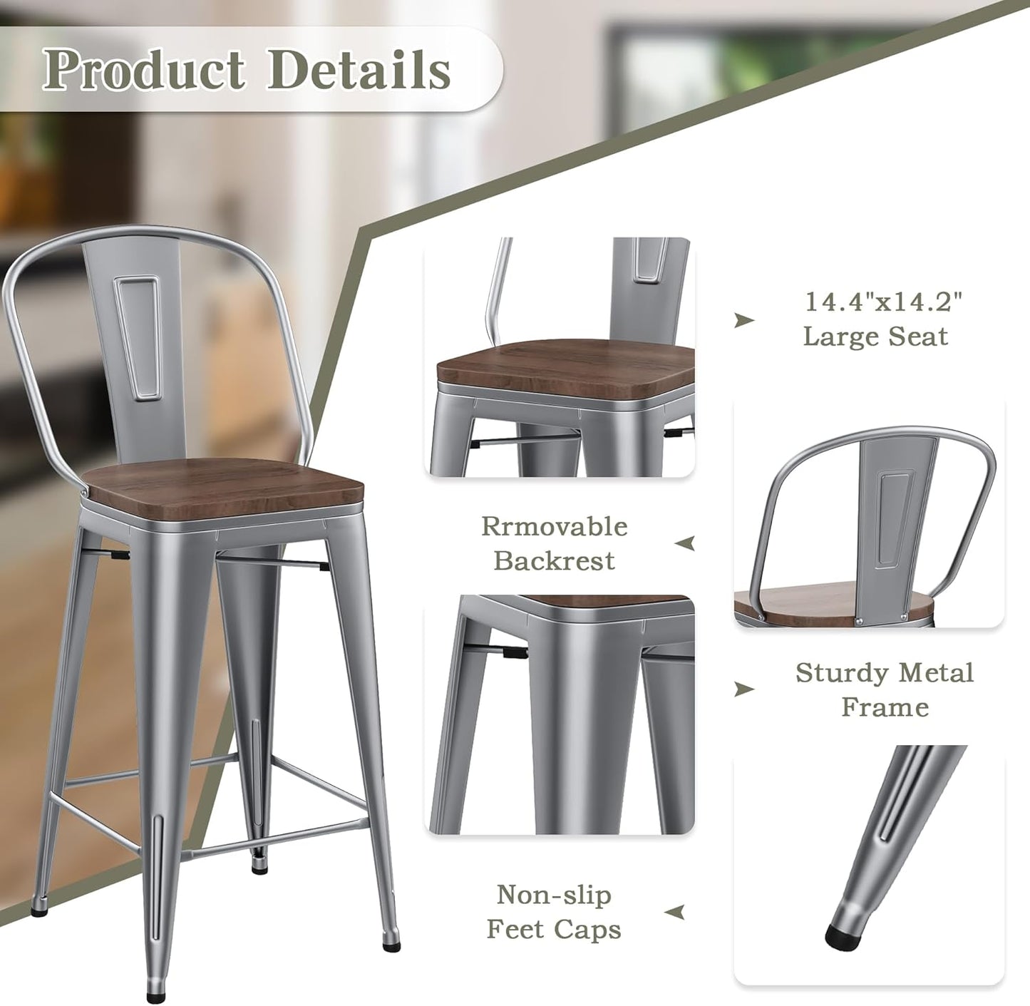 Yongqiang 30 inch Bar Stools Set of 4 Farmhouse Bar Height Stools High Back Kitchen Bar Chairs Silver Metal Barstools with Wooden Seat…