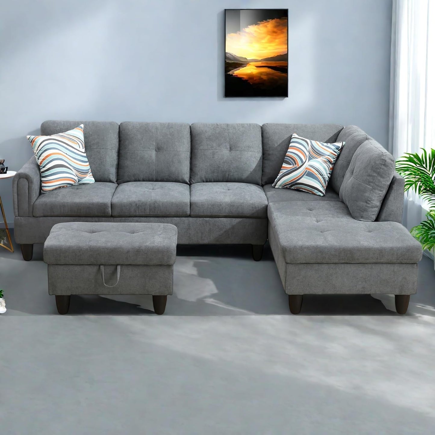 L-Shaped Sectional Sofa with Ottoman, Right-Facing Modern Microfiber Couch for Living Room, Bedroom, Office, Gray-Blue