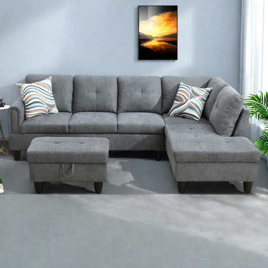L-Shaped Sectional Sofa with Ottoman, Right-Facing Modern Microfiber Couch for Living Room, Bedroom, Office, Gray-Blue