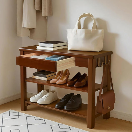 Wood Shoe Bench Entryway with Drawer: 2-Tiers Wooden Storage Shoe Rack with Bench Seat, Compact Mid-Century Modern Design for Entryway, Hallway,Closet,Front Door Entrance,Foyer Walnut 31.5"