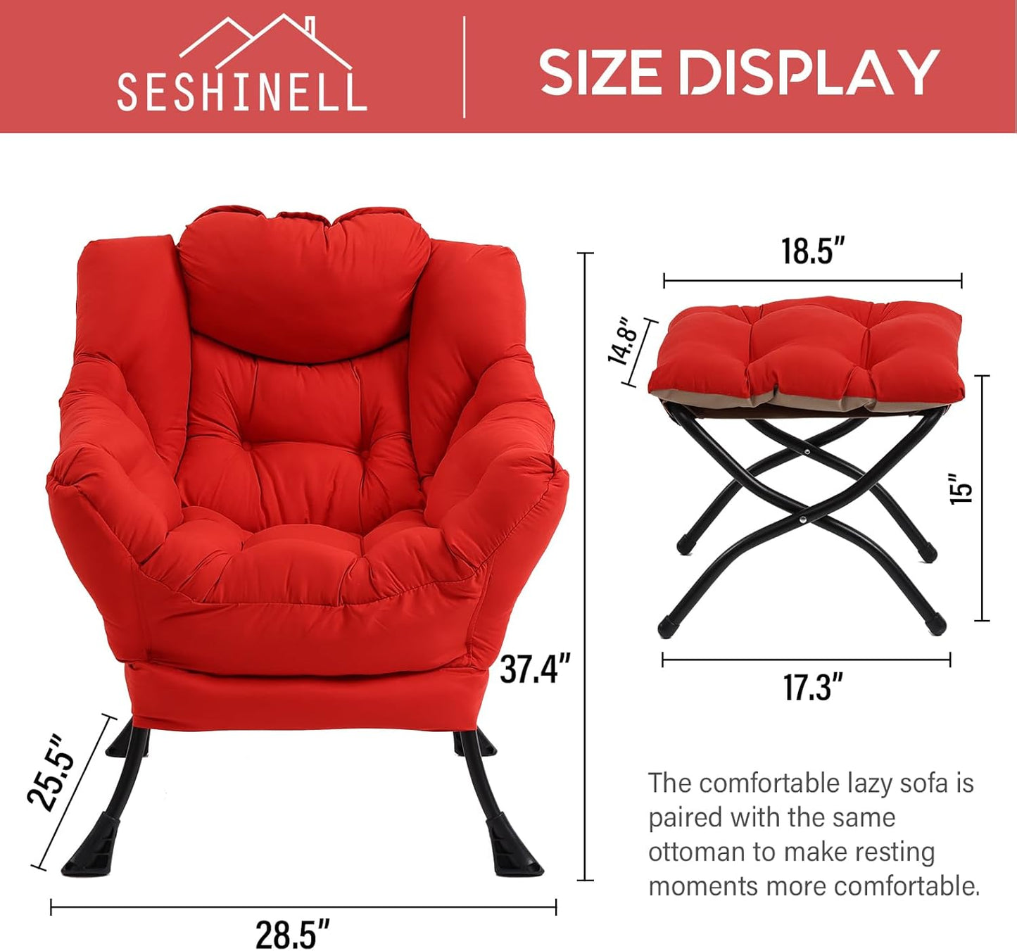 Lazy Chair with Ottoman, Modern Accent Chair Contemporary Lounge Leisure Sofa Chair with Armrests, Reading Chair and Folding Footstool Set for Living Room, Bedroom, Office, Red