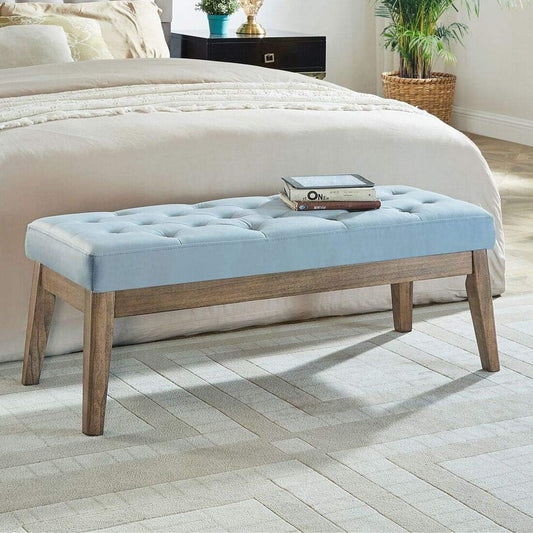 24KF Velvet Upholstered Buttons Tufted Entryway Bench with Solid Wood Leg,Bed Bench Ottoman with Padded Seat,5034-Seaglass