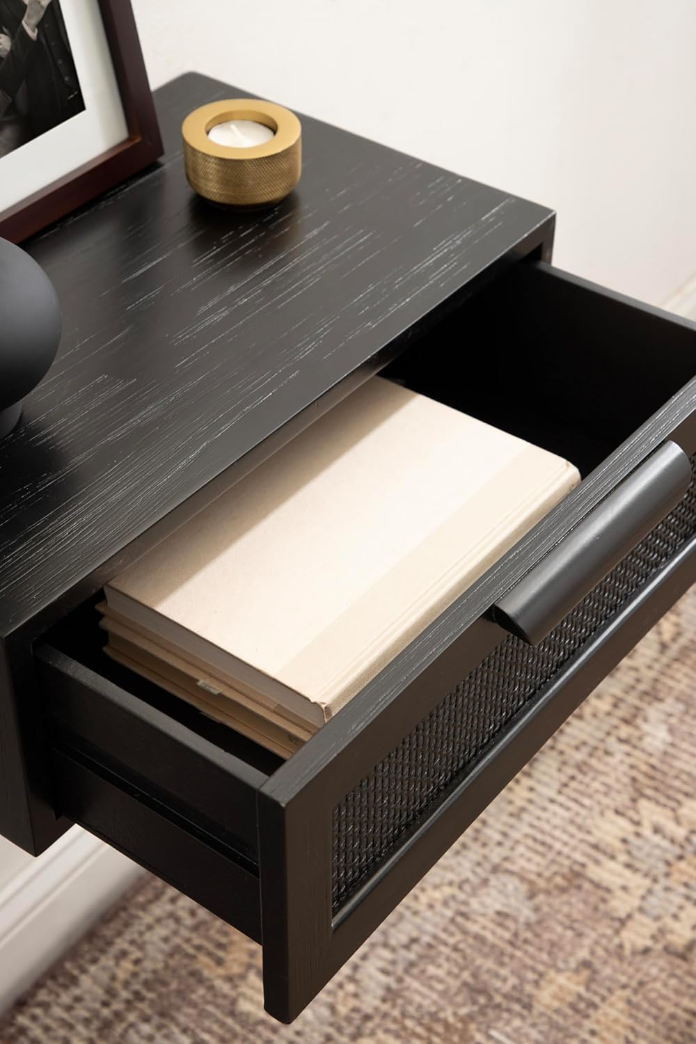 Kate and Laurel Ori Transitional Cane Rattan Floating Side Table with Pull-Out Storage Drawer, 18x13x6, Black