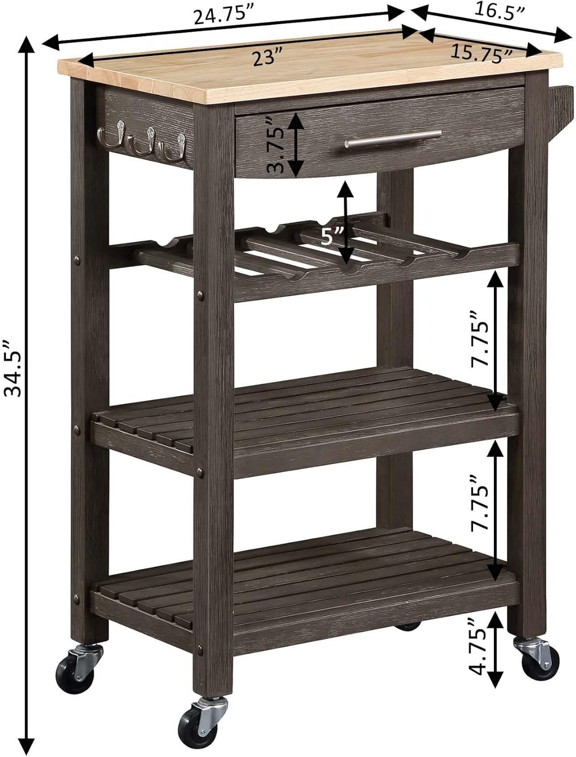 Convenience Concepts Ellaine 4 Tier Kitchen Cart with Drawer and Wine Rack, 24.75 x 16.5 x 34.5, Wirebrush Dark Gray/Butcher Block