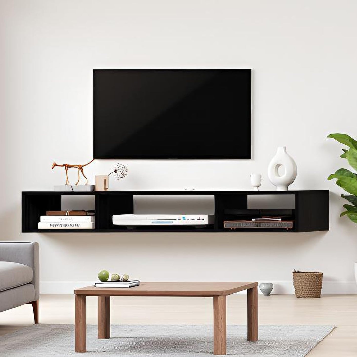 55" Floating TV Stand Modern Floating TV Console Wall Mounted Entertainment Center with Open Storage Cabinet Storage for Living Room Bedroom, Black