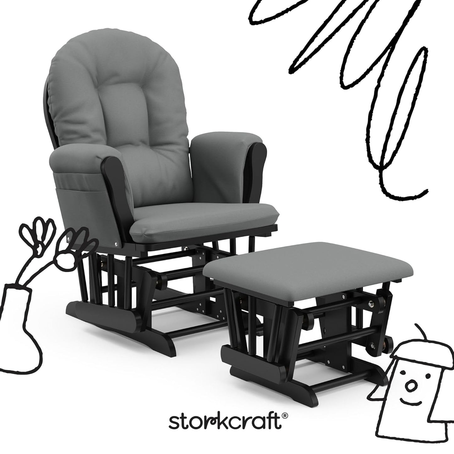 Storkcraft Premium Hoop Glider & Ottoman (Black with Gray) — GREENGUARD Gold Certified, Solid Wood Craftsmanship, Convenient Storage Pockets, Smooth-Gliding Chair for Nursery, Multi-Award-Winning