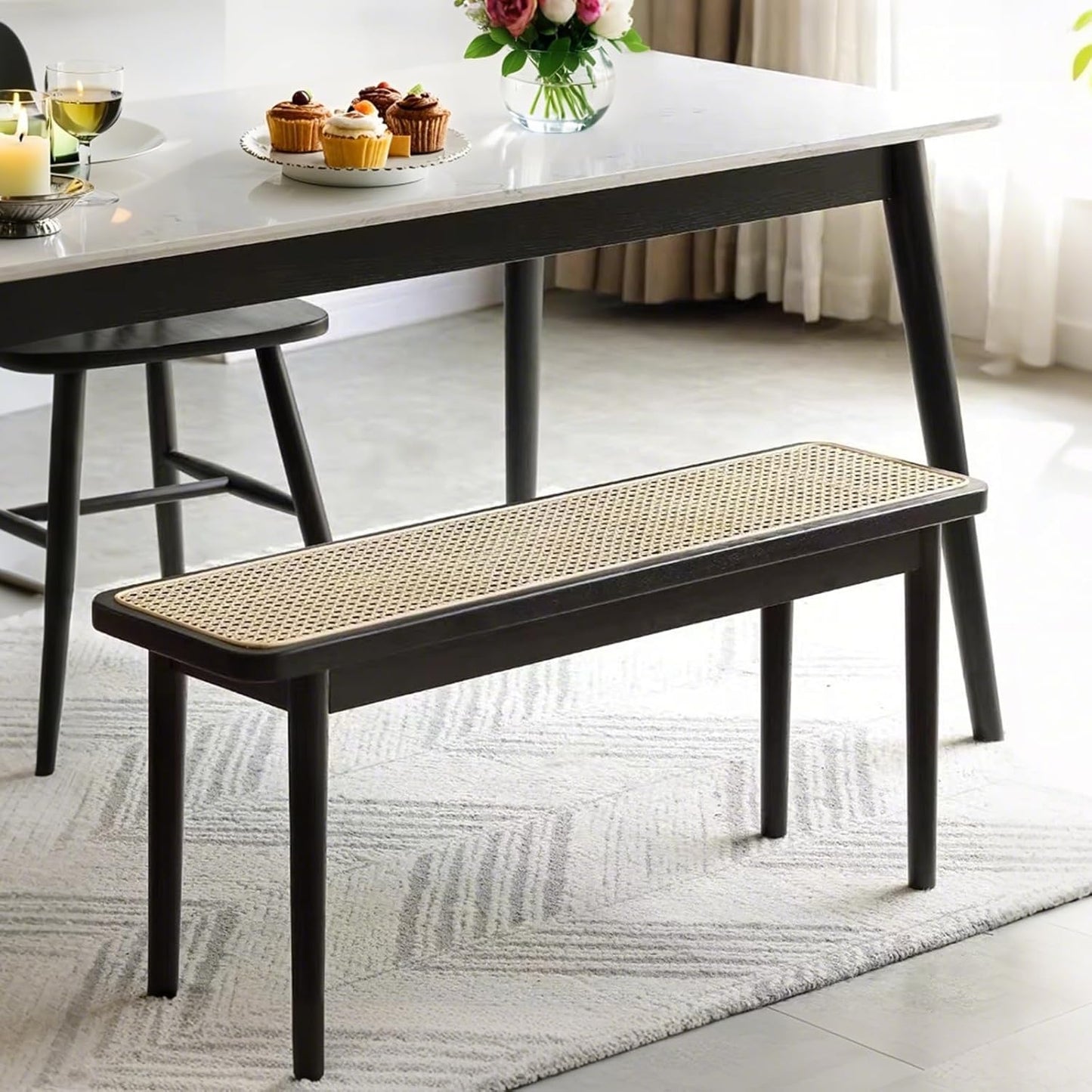 Entryway Bench, Solid Wood Kitchen Dining Bench, Mid Century Modern End of Bed Bench with Rattan Woven Top for Bedroom, Dining Room, Entry Way, 47.2" L x 11.2" W x 17.7" H, Black