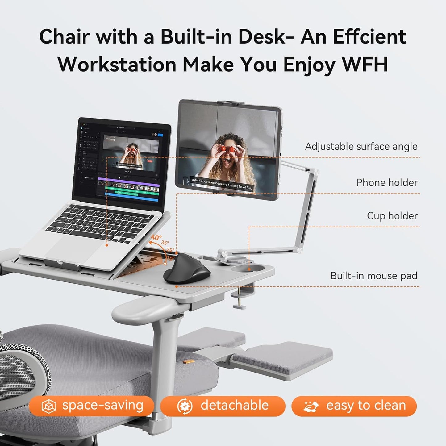 Newtral Office Chair Ergonomic - Home Office Desk Chair, Big and Tall Office Chair, Auto-Following Lumbar Support, 4D Armrest, Adjustable Seat Depth and Heigt (with Footrest + Laptop Tray, Gray)