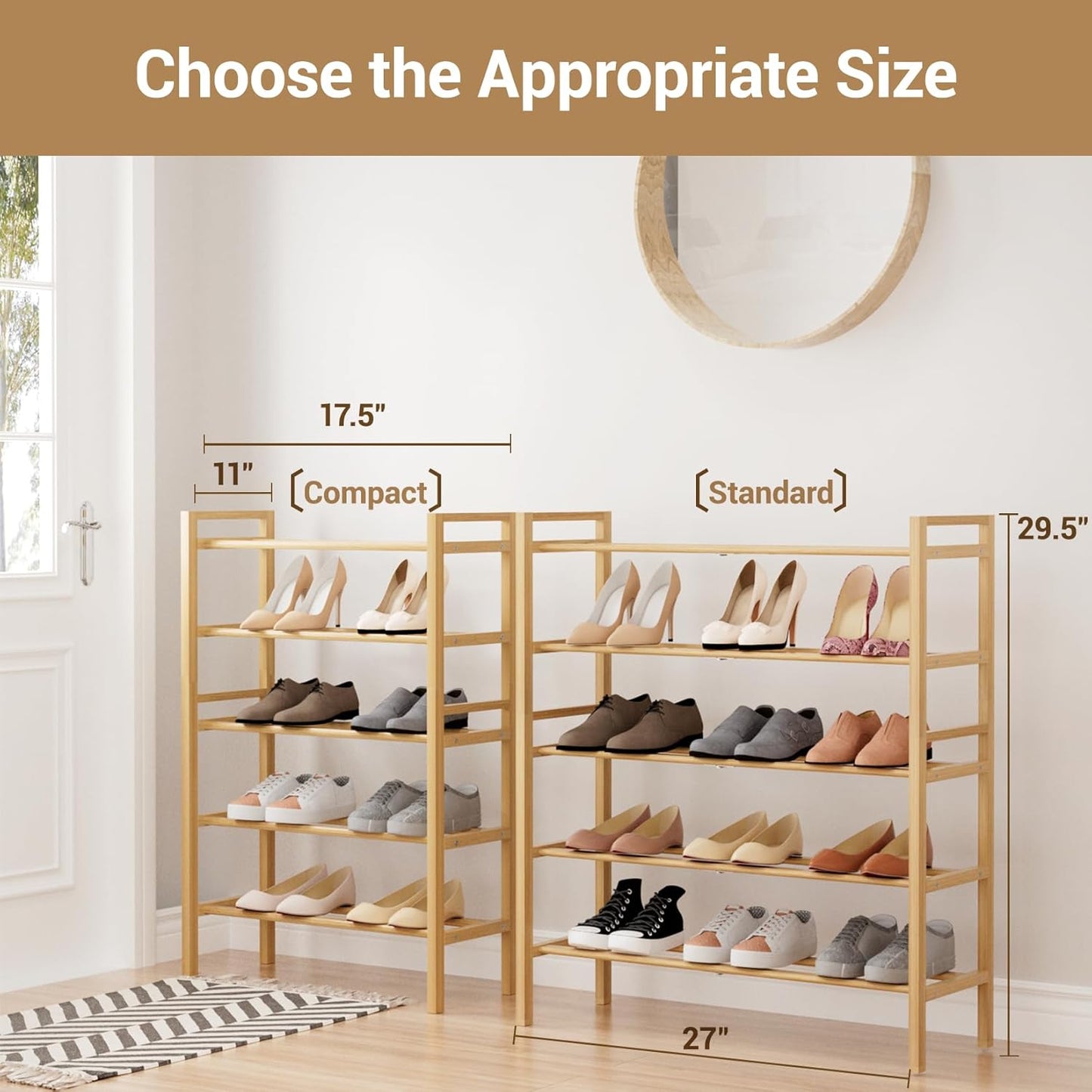 Haddockway Bamboo Shoe Rack for Closet, Free Standing Shoe Organizer with Smooth Round Rods & Convenient Handles, Stackable Shoe Storage Shelf for Entryway, Hallway(Natural, 5-Tier(Small))