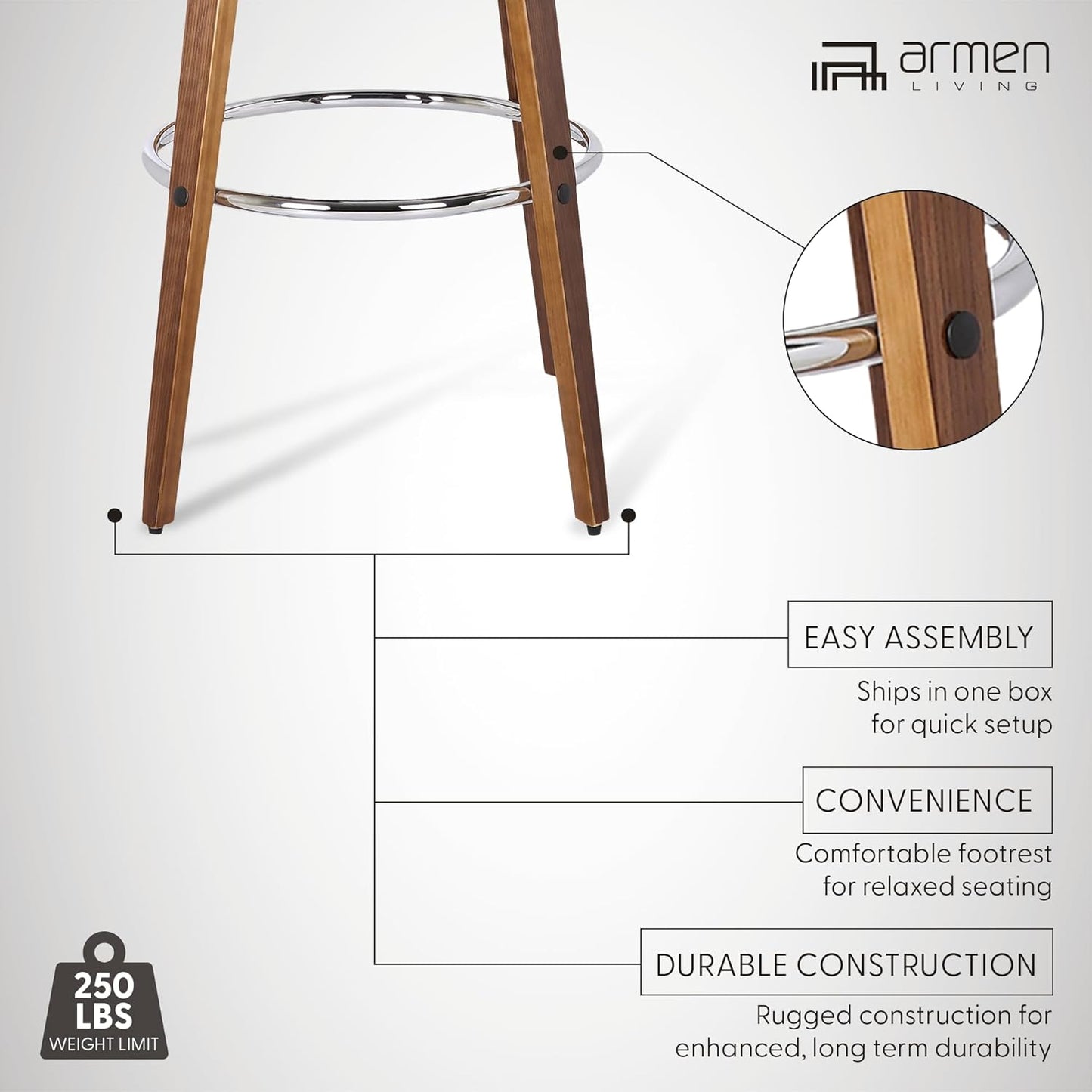 Armen Living Sonia 30" Bar Height Swivel Gray Faux Leather and Walnut Wood Bar Stool - Set of 4